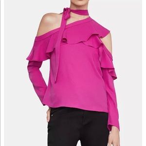 BCBGMaxazria Asymmetrical Ruffled Cold- Shoulder Top. Size Small.